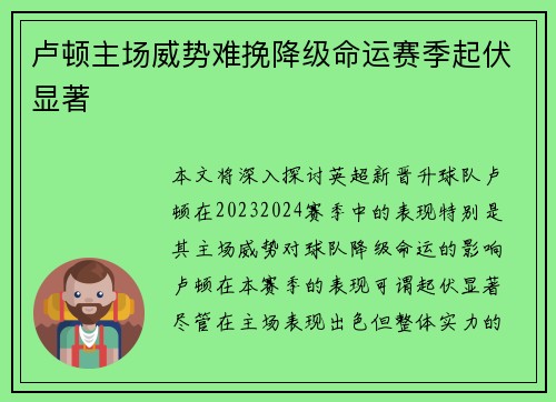 卢顿主场威势难挽降级命运赛季起伏显著 卢顿主场威势难挽降级命运赛季起伏显著